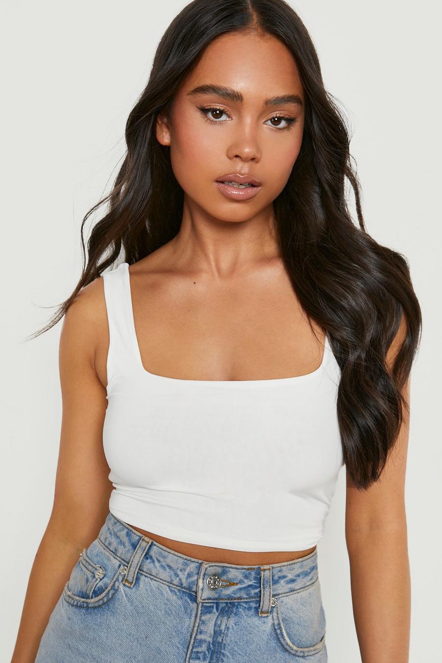 White Petite Double Slinky Square Neck Crop Top  image number 1