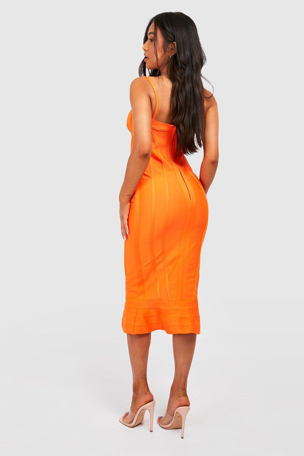 Womens Clothing Dresses Cocktail and party dresses Boohoo Petite Bandage Frill Hem Midi Dress in Coral Orange 