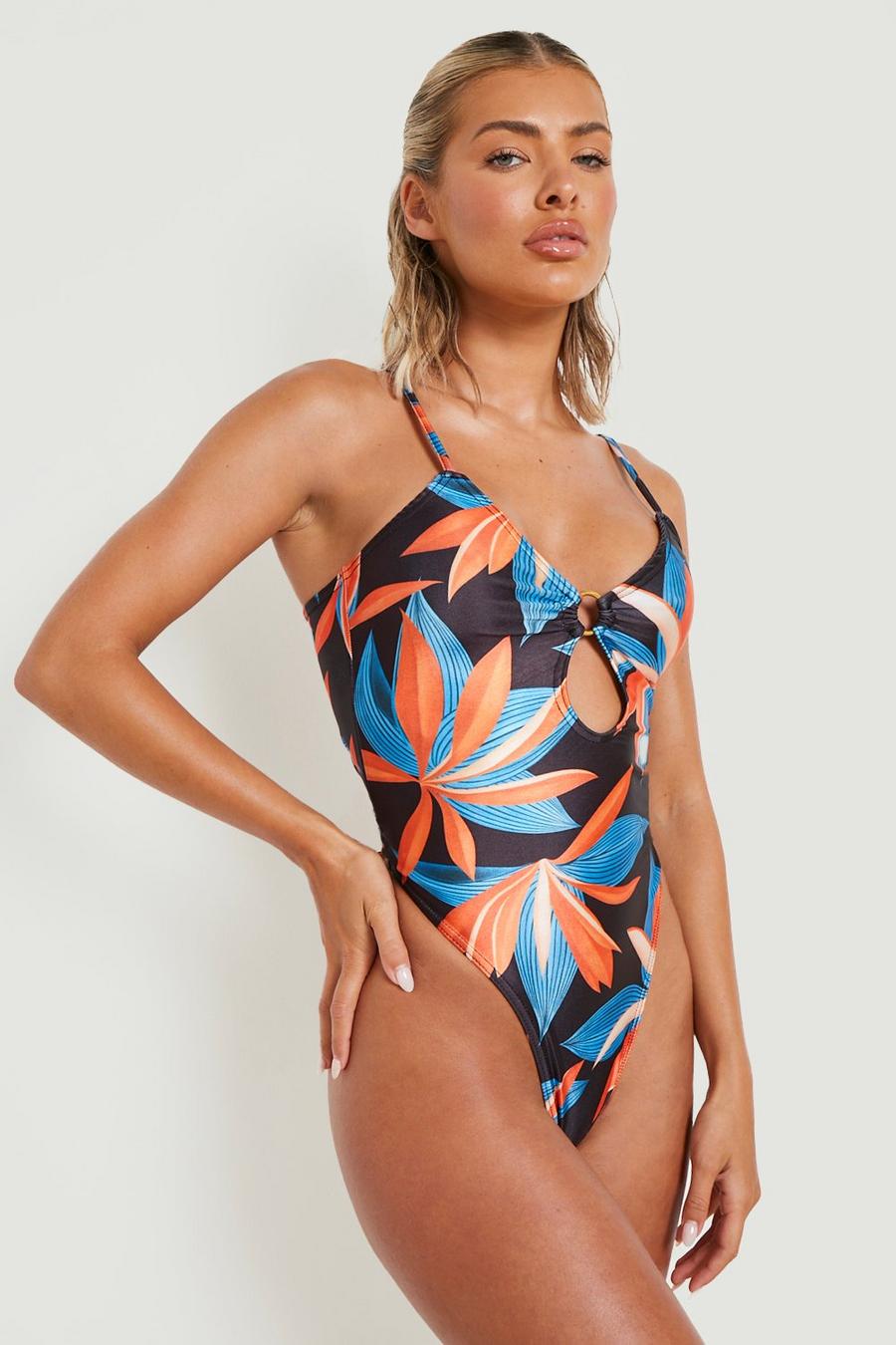 Black Tropical O-ring Cut Out Plunge Swimsuit image number 1
