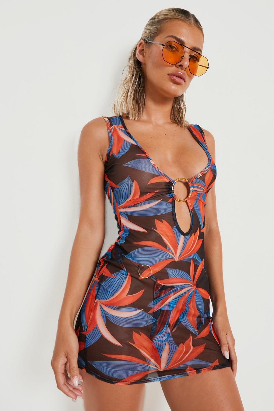 Black Tropical O-ring Cut Out Mesh Beach Dress image number 1