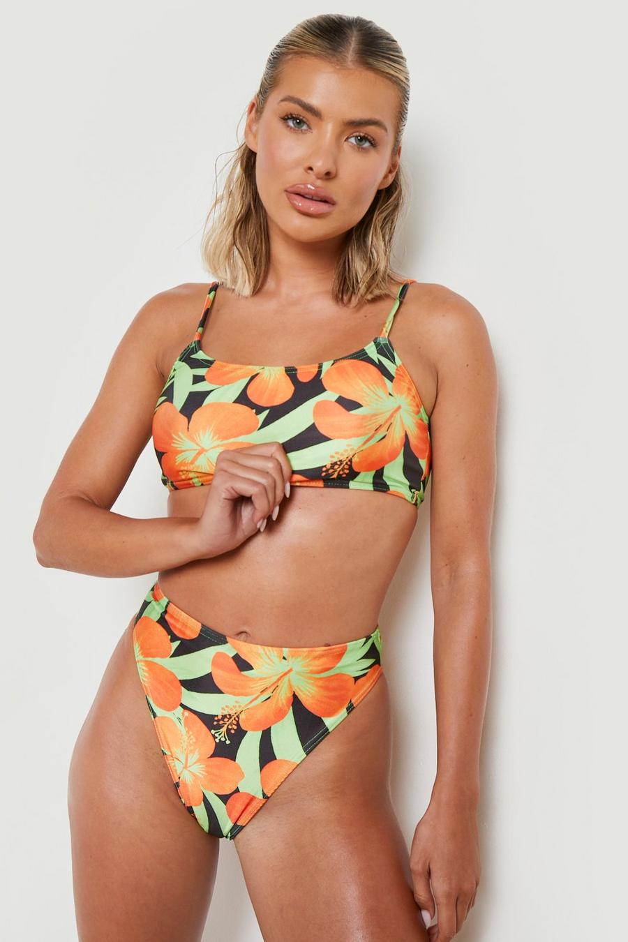 Slip bikini a vita alta in fantasia tropicale in colori fluo, Neon-green fluo