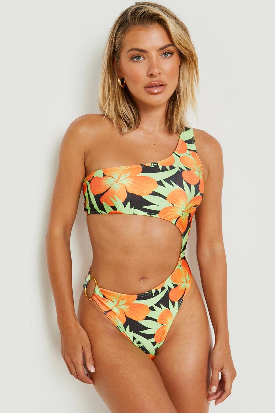 Neon-green Neon Tropical O-ring Cut Out Swimsuit image number 1