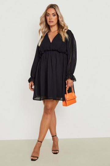 Plus Dobby Ruffle Waist Smock Dress black