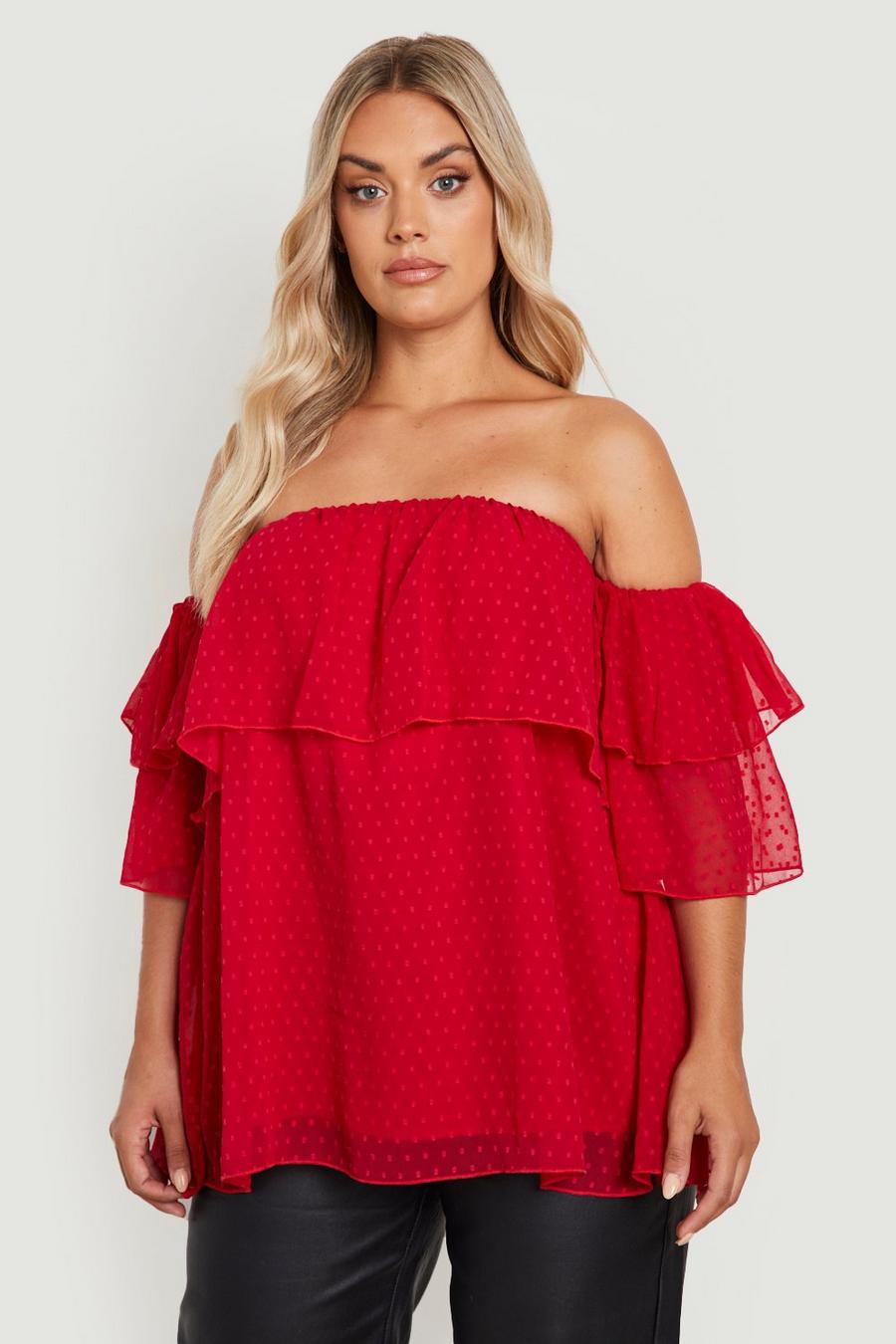 Berry Plus Off The Shoulder Dobby Mesh Top image number 1