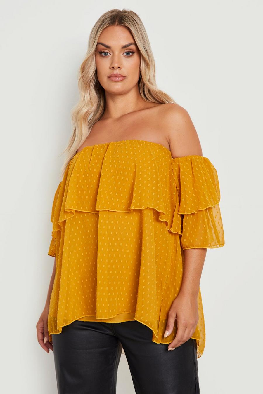 Mustard Plus Off The Shoulder Dobby Mesh Top image number 1