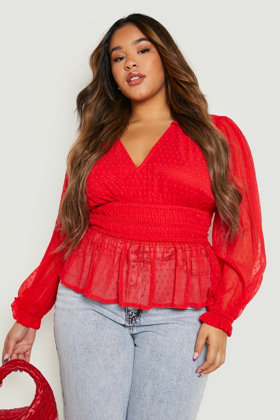 Grande taille - Blouse plumetis à manches larges, Red image number 1