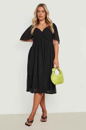 Plus Dobby Wrap Angel Sleeve Midi Dress black