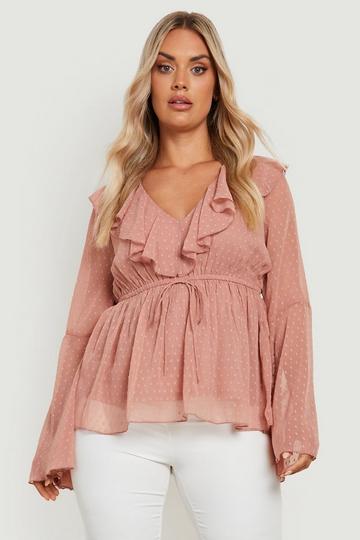 Plus Dobby Ruffle Flared Sleeve Blouse blush