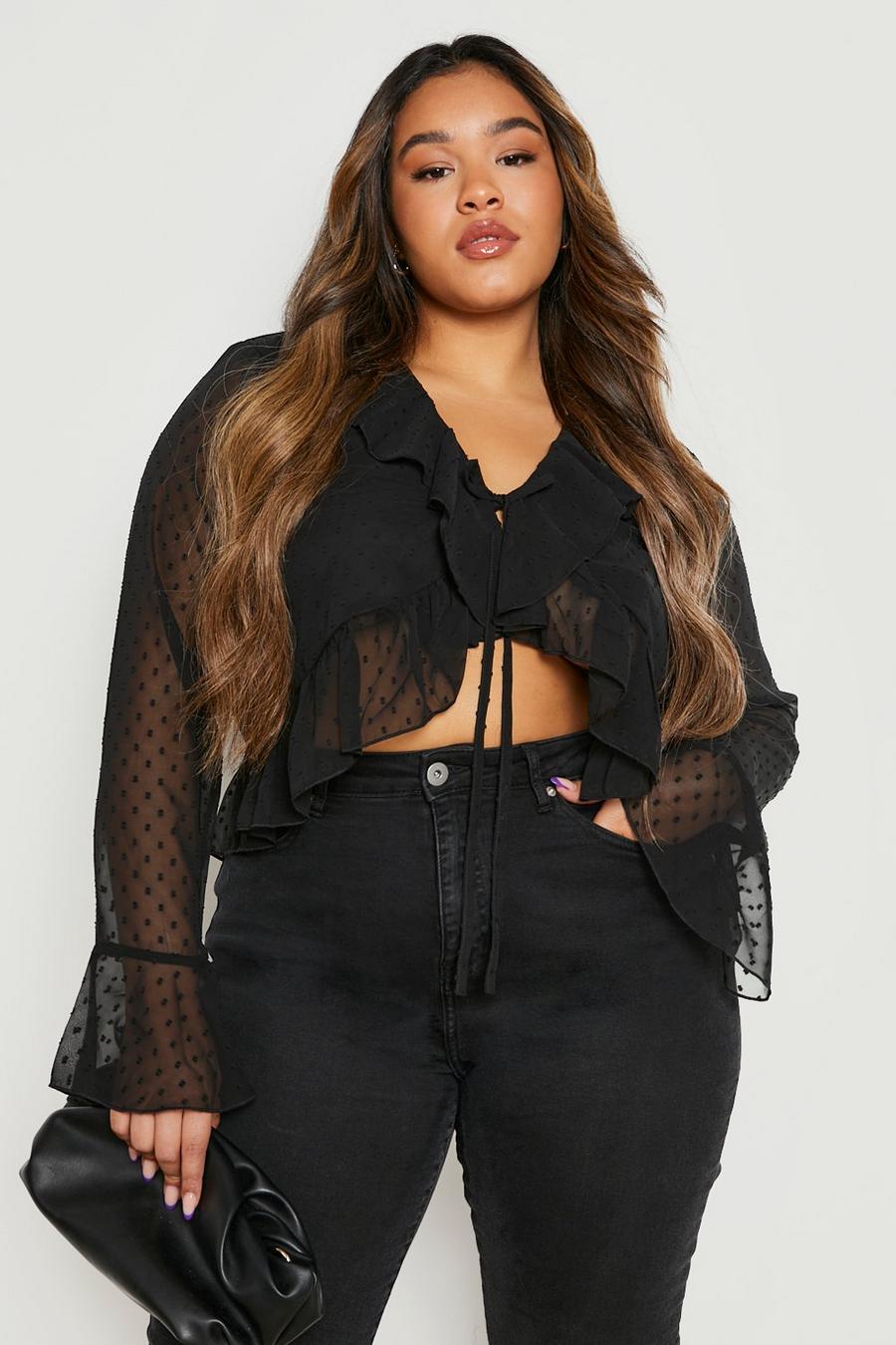 Black Plus Dobby Ruffle Tie Front Blouse  image number 1