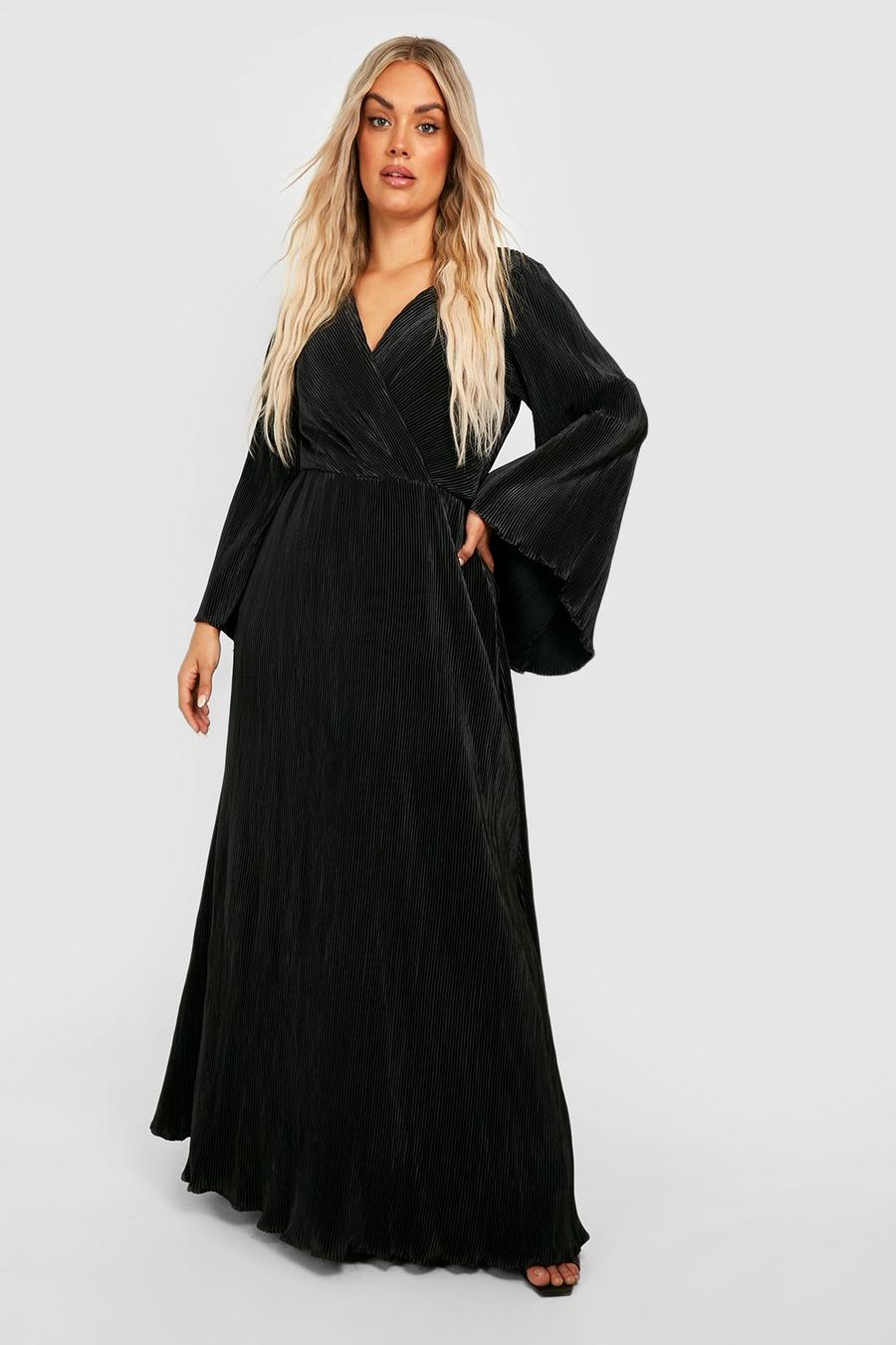 Vestito maxi Plus Size plissettato stile kimono, Black nero