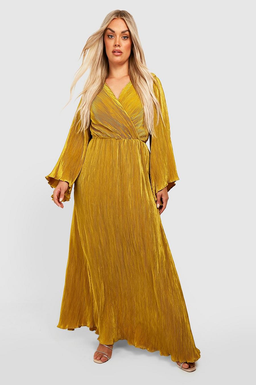 Chartreuse yellow Plus Kimono Plisse Maxi Dress
