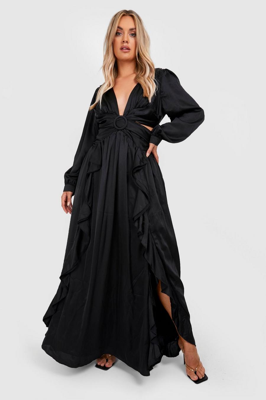 שחור שמלת סאטן מקסי עם מחשוף עמוק ומלמלה, מידות גדולות