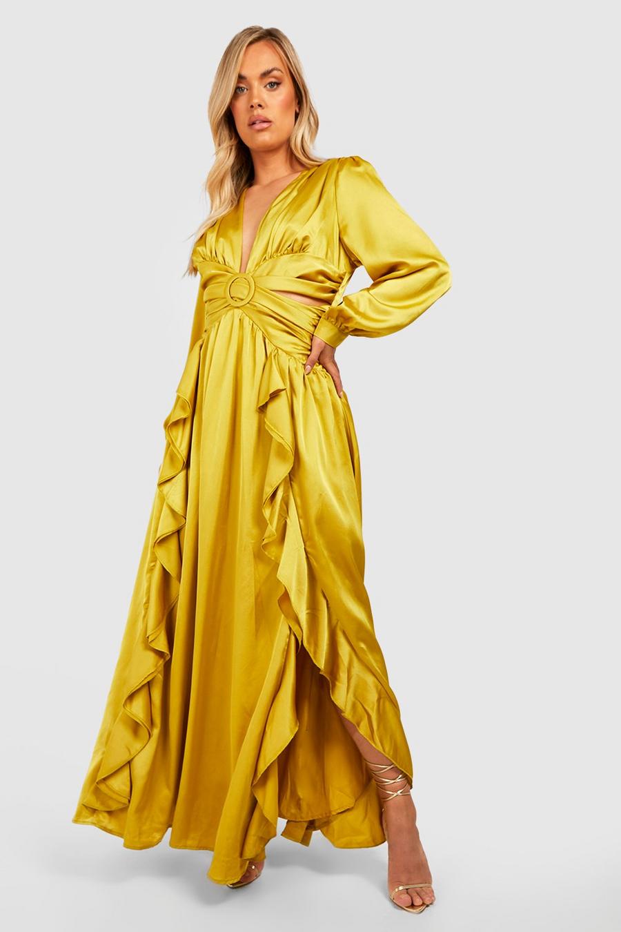 Chartreuse Plus Satin Ruffle Plunge Maxi Dress image number 1