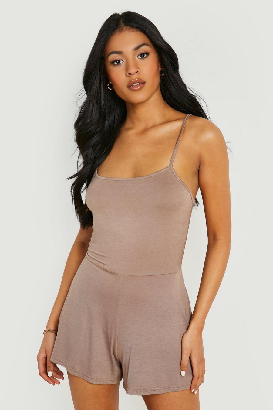 Mocha beige Tall Open Back Strappy Swing Playsuit image number 1