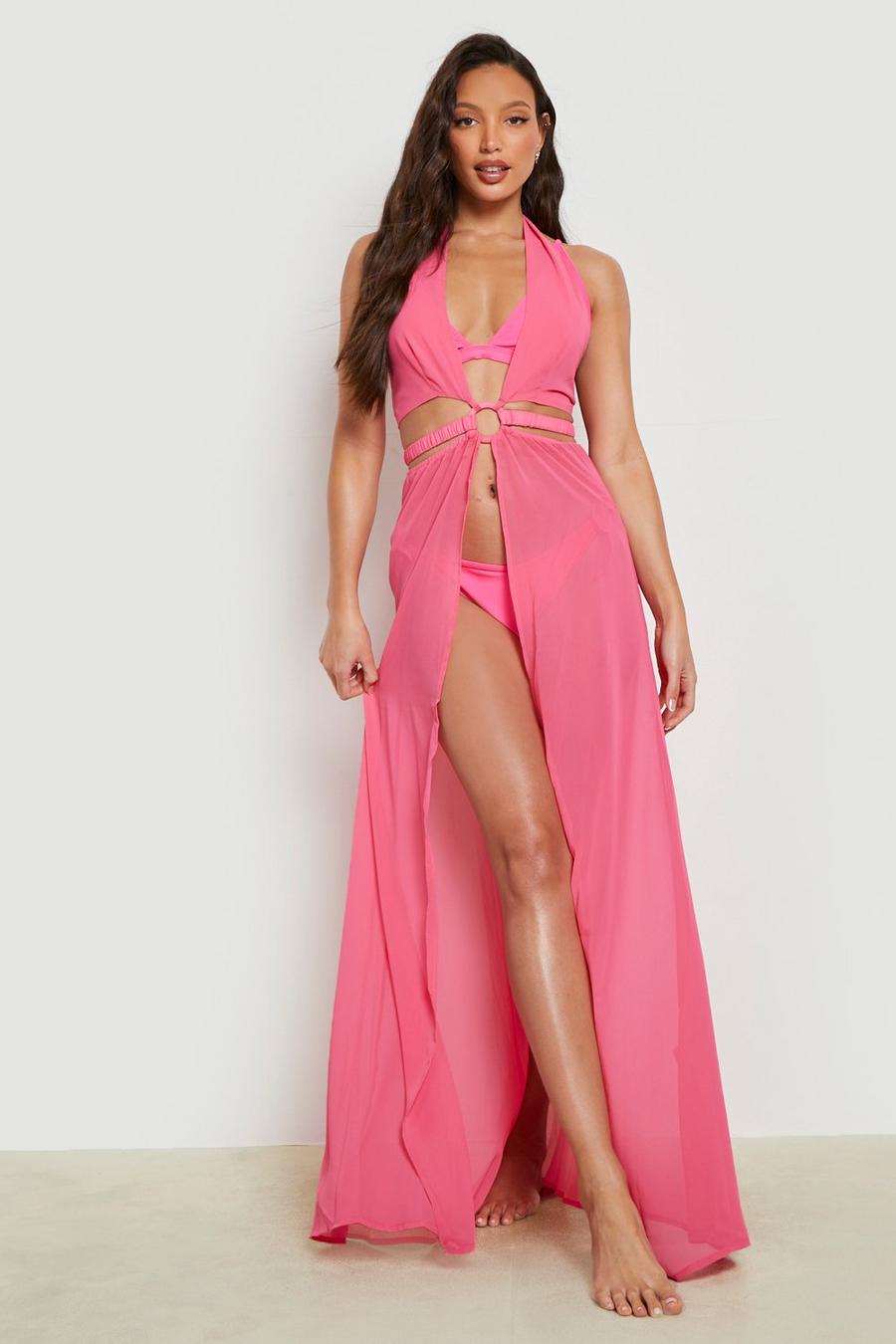 Vestido Tall maxi para la playa de chifón con escote halter y anillo, Fuchsia rosa image number 1