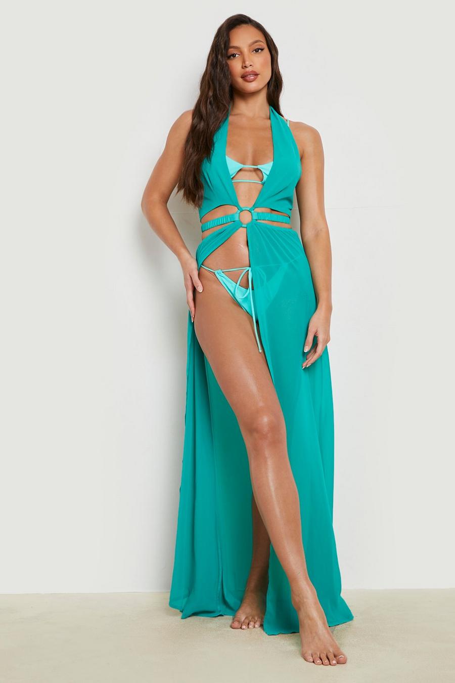 Green Tall O Ring Chiffon Halter Beach Maxi Dress image number 1