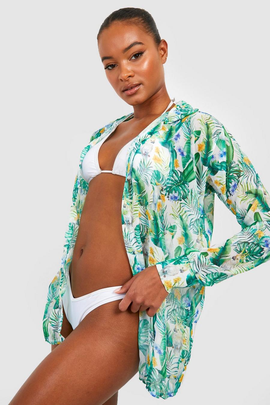 Camisa Tall para la playa de chifón con estampado de loros, Green gerde image number 1