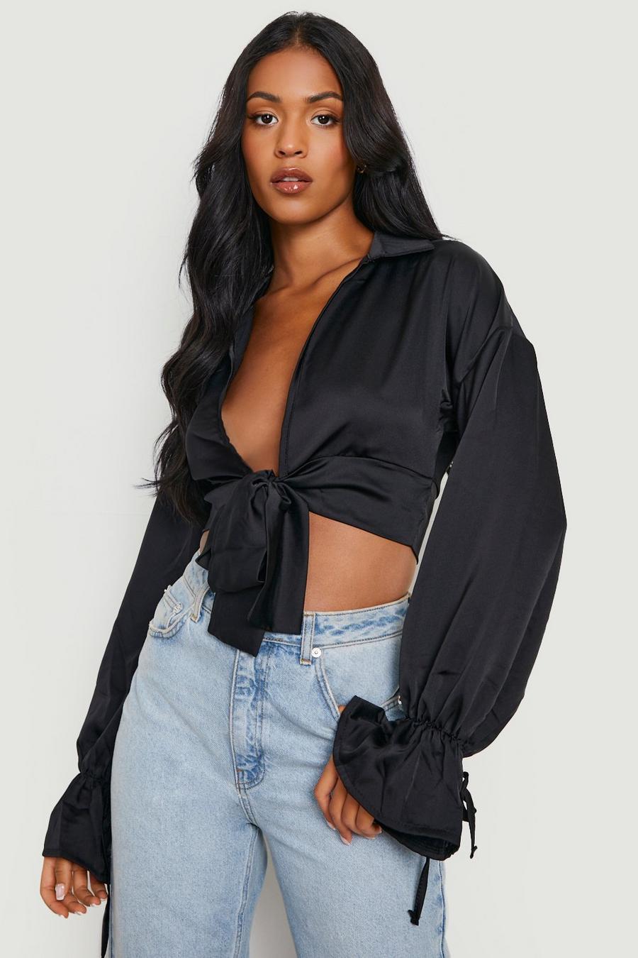 Black Tall Satin Tie Front Blouse