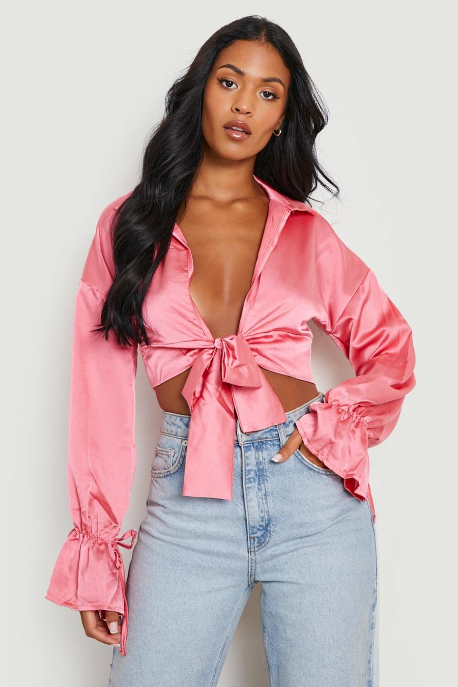 Pink Tall Satin Tie Front Blouse image number 1