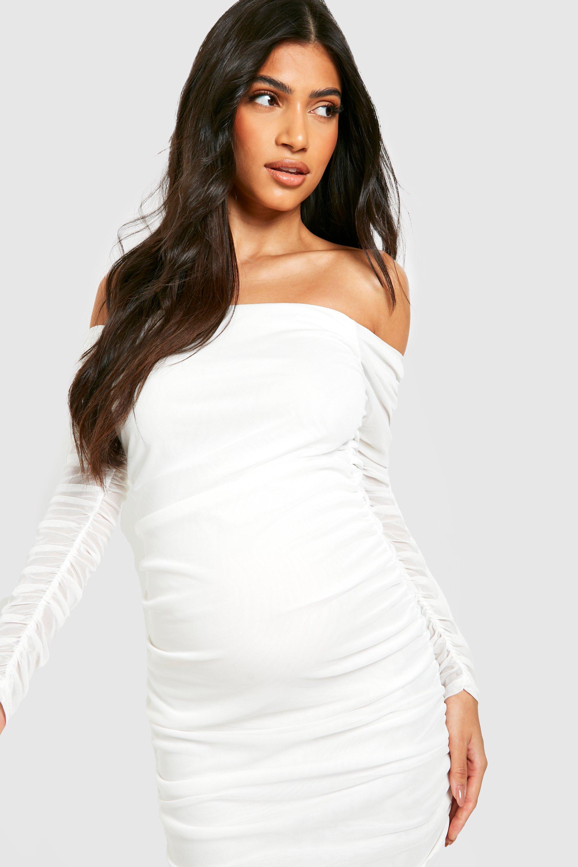 Count Down | White Maternity Ruched Mesh Bardot Jumpsuit