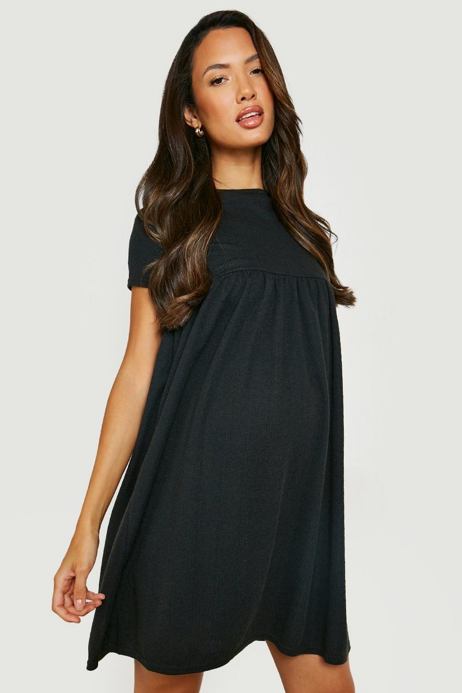 Black Maternity Linen Look Short Sleeve Smock Dress image number 1