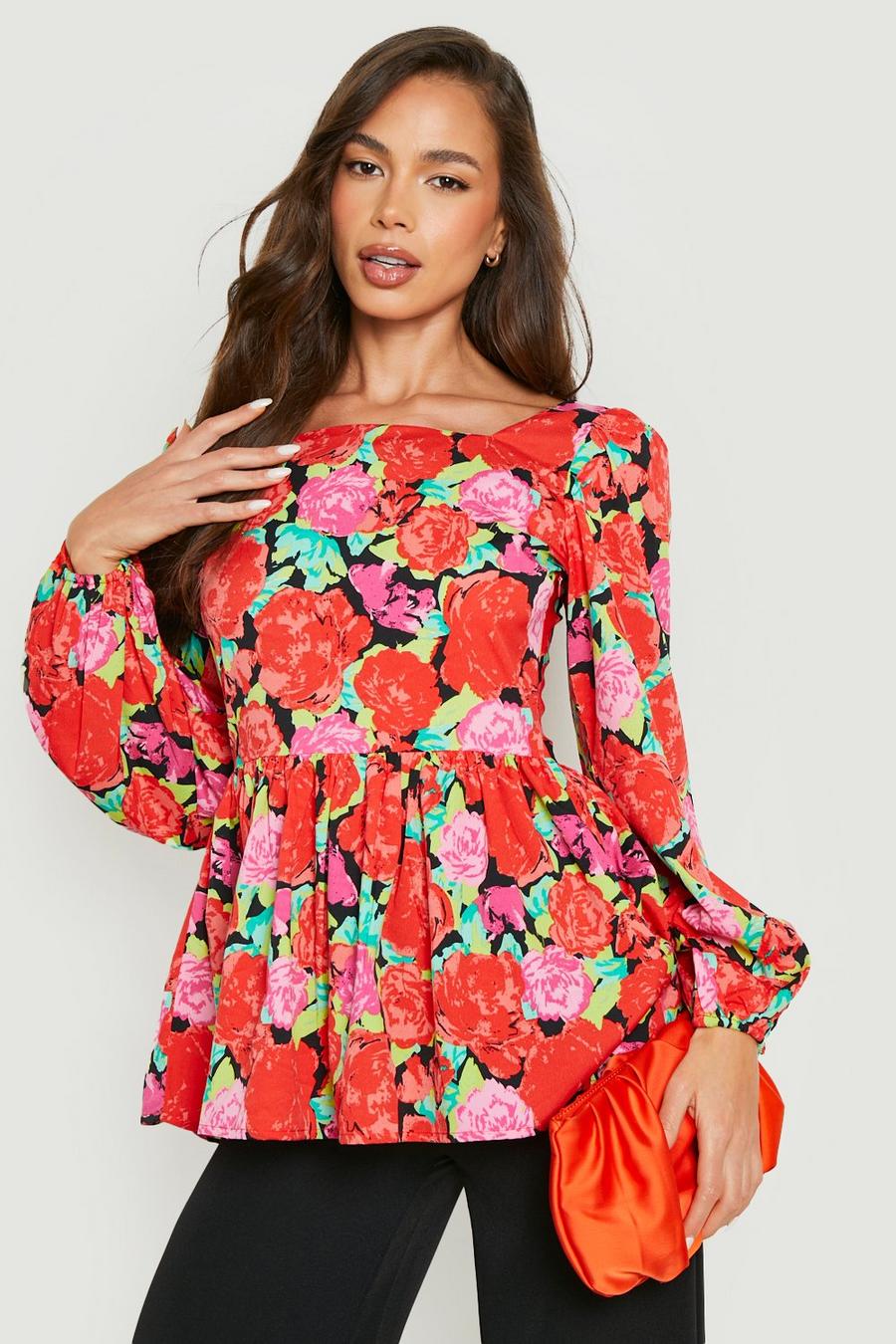 Red Square Neck Floral Smock Top 