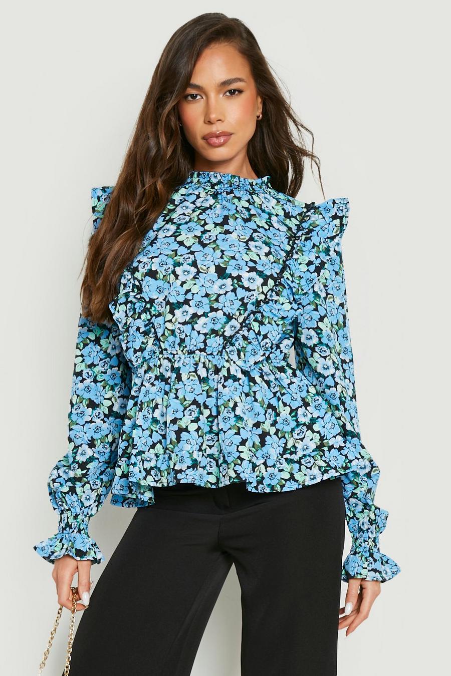 Blue Floral Ruffle Smock Top  image number 1