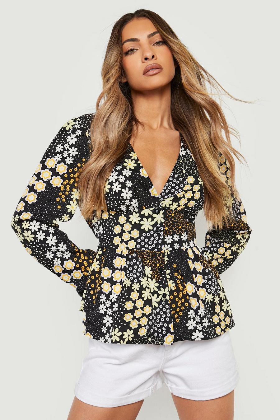 Black Floral Button Front Smock Top