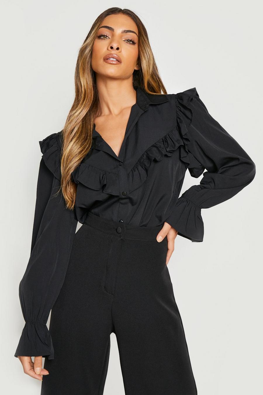 Black Ruffle Front Collared Shirt image number 1