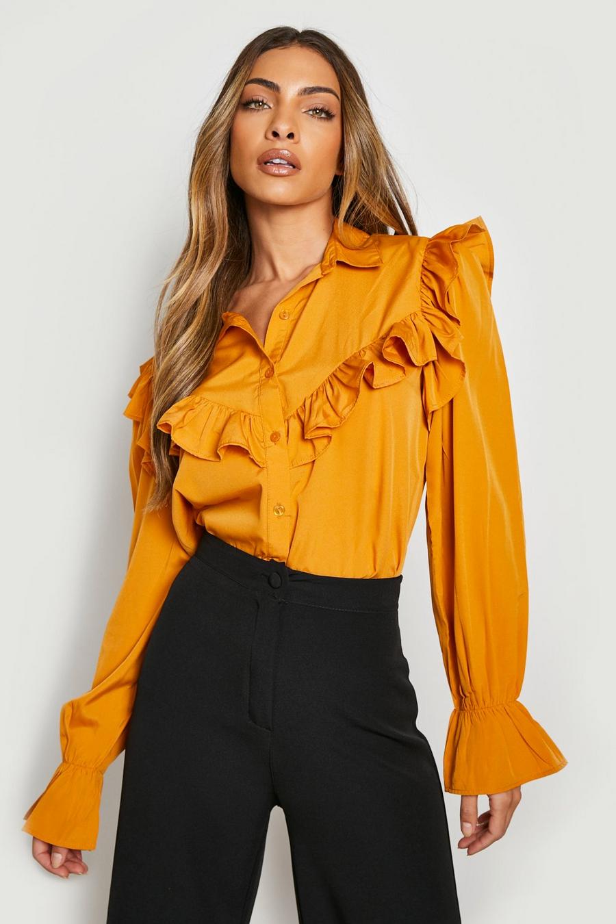 Mustard Ruffle Front Collared Shirt image number 1