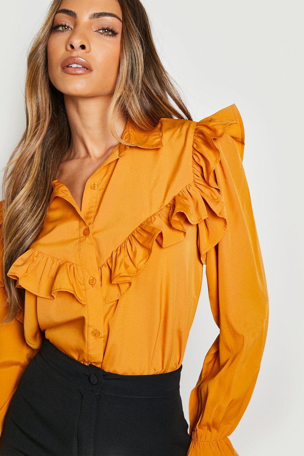 Mustard ruffle blouse on sale