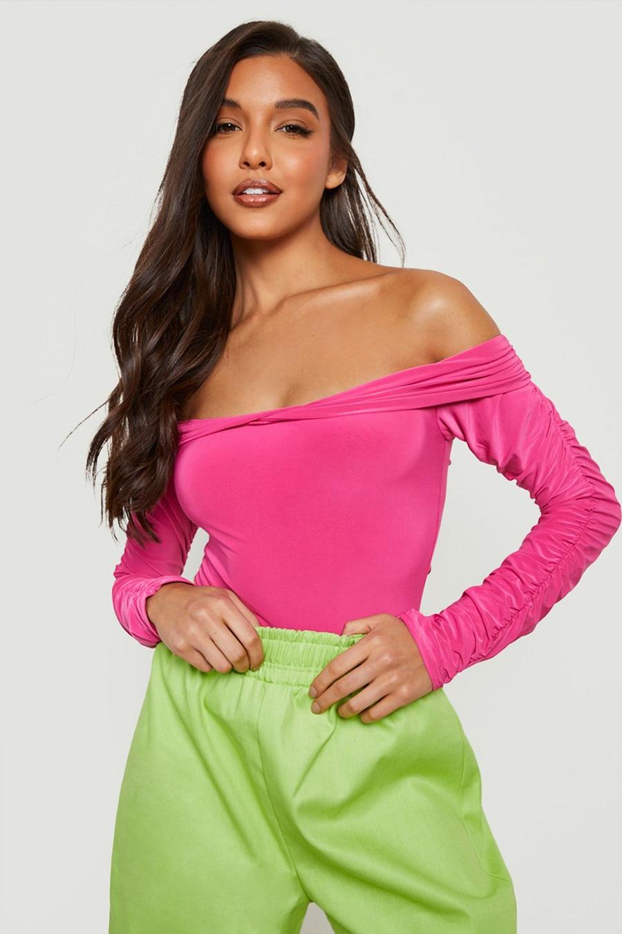 Magenta Ruched One Shoulder Double Layer Bodysuit  image number 1
