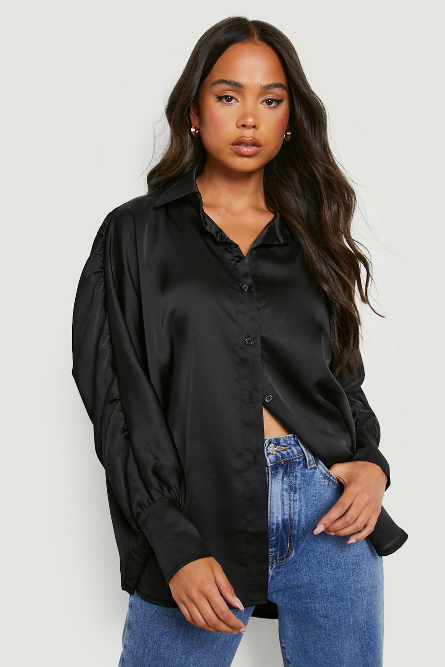 Black Petite Puff Sleeve Deep Cuff Satin Shirt image number 1