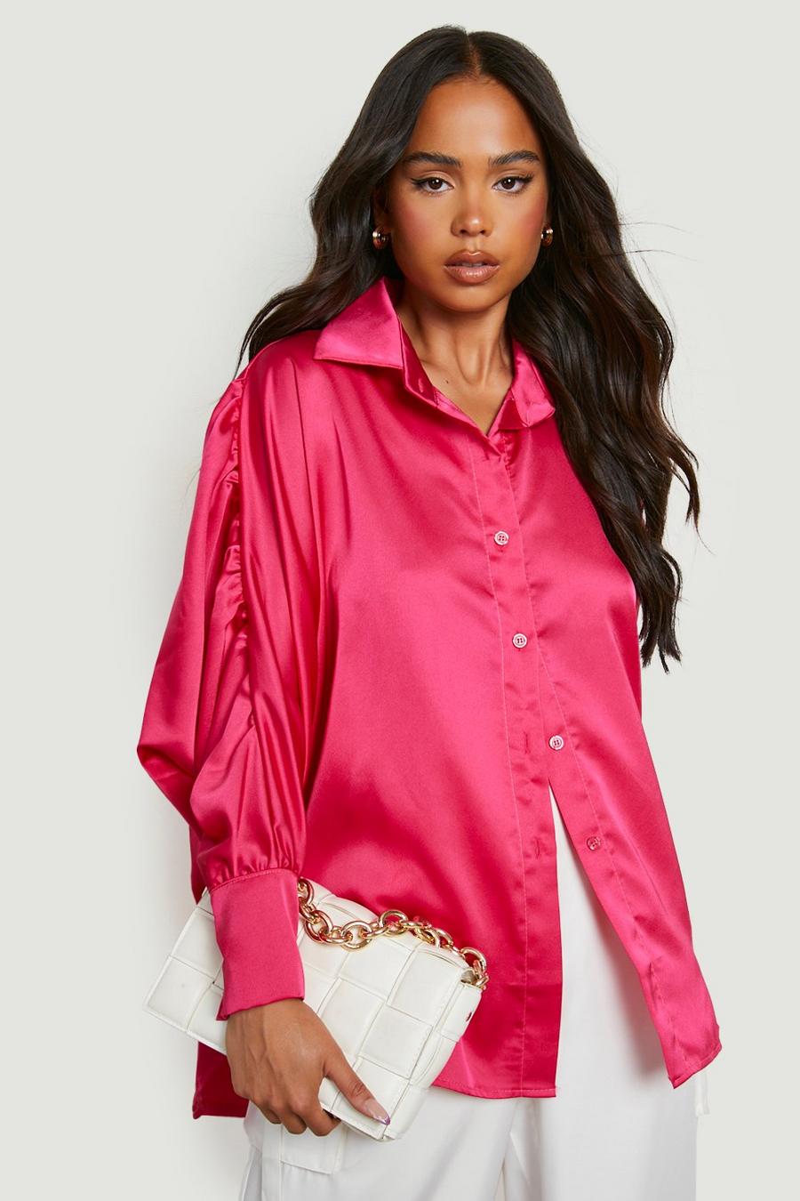 Hot pink Petite Puff Sleeve Deep Cuff Satin Shirt image number 1
