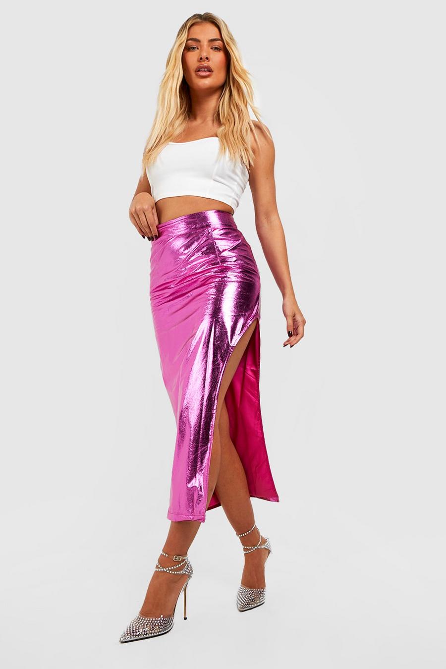 Pink Metallic Pu High Leg Maxi Skirt image number 1