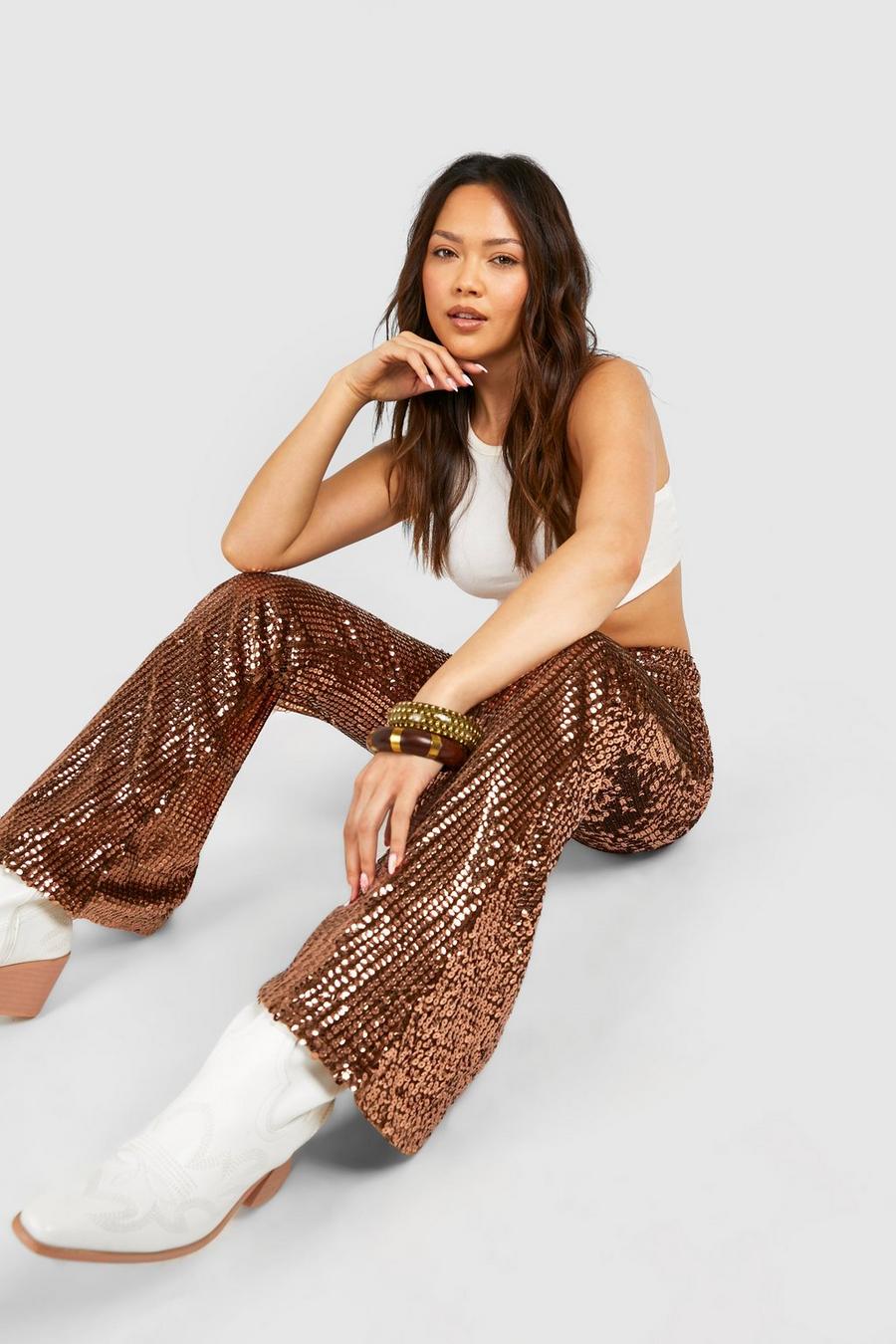 Gold Flared High Waist Glitter Broek Met Pailletten