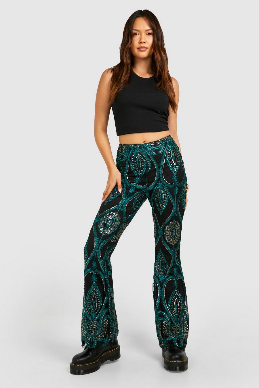 Emerald Festival Sequin Damask High Waist Flared Trousers image number 1