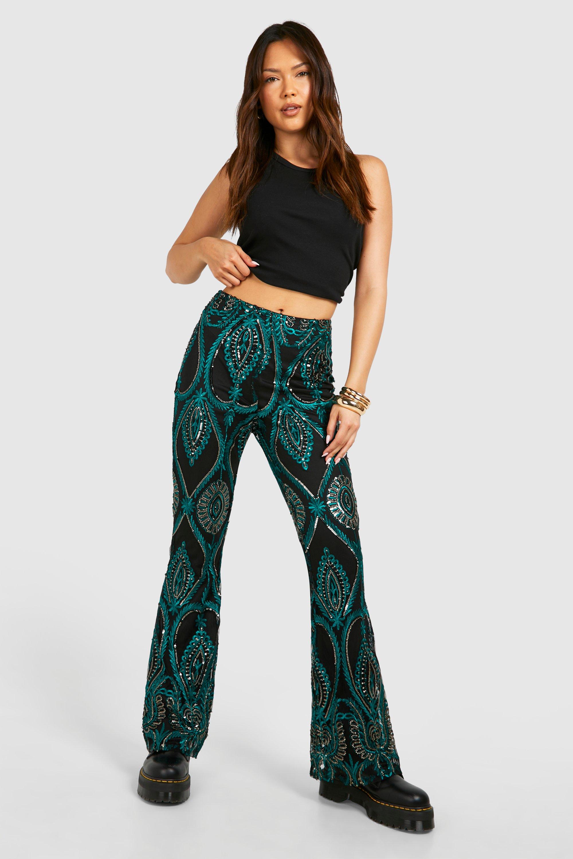 Posada Sequin Flare Pants (Emerald)