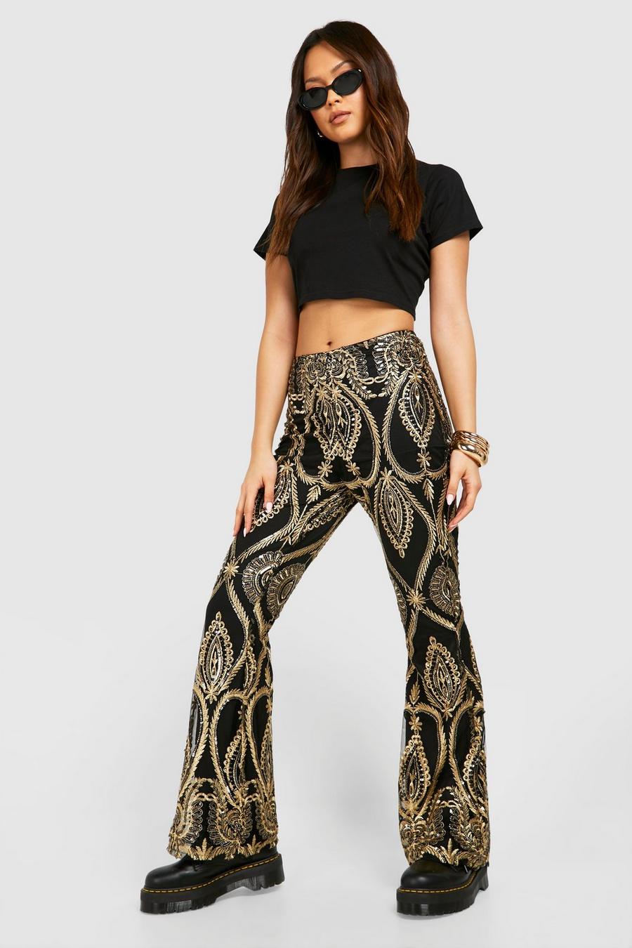 Gold Festival Sequin Damask High Waist Flared Trousers image number 1