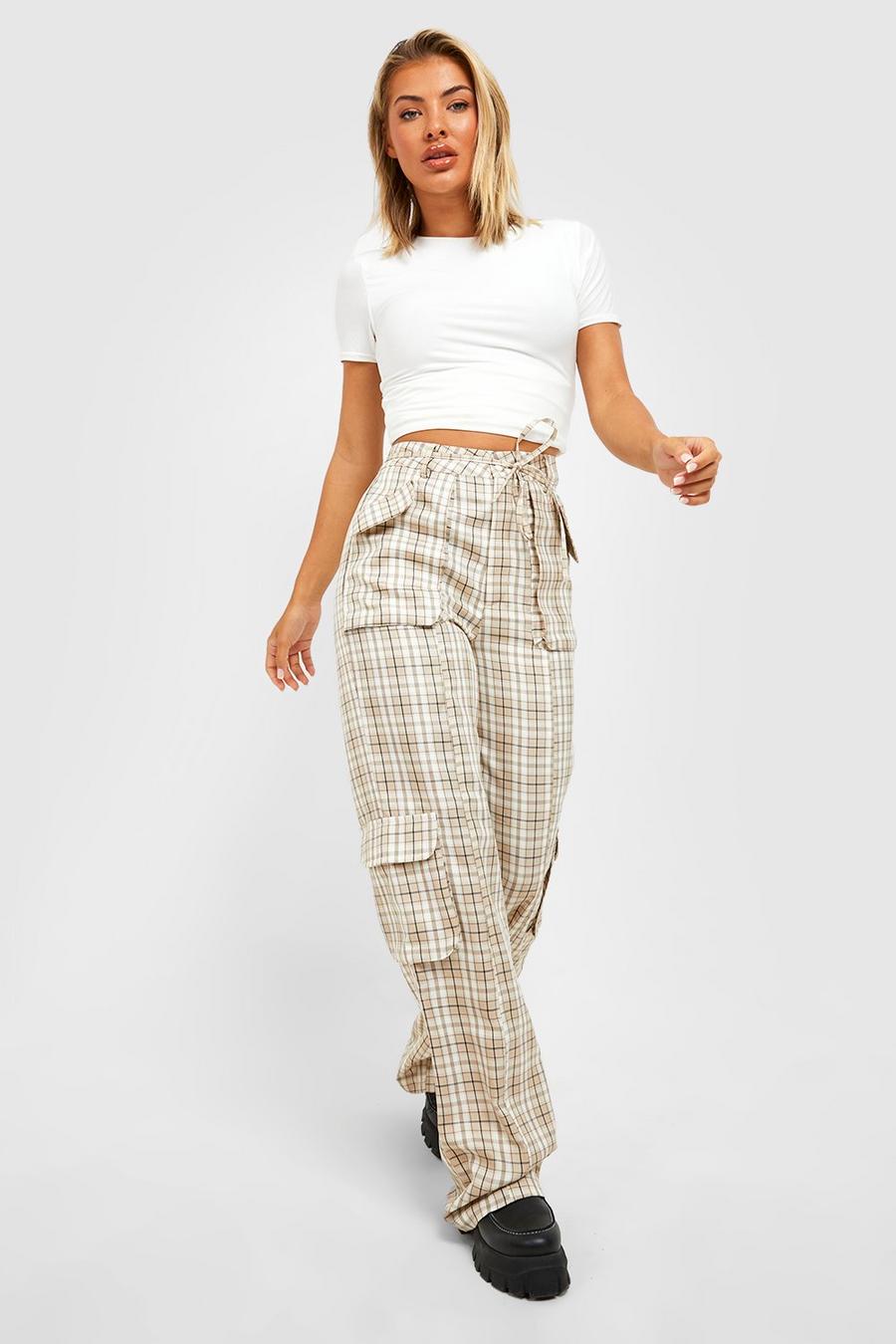 Stone beige Buckle Belted Tapered Checked Trousers