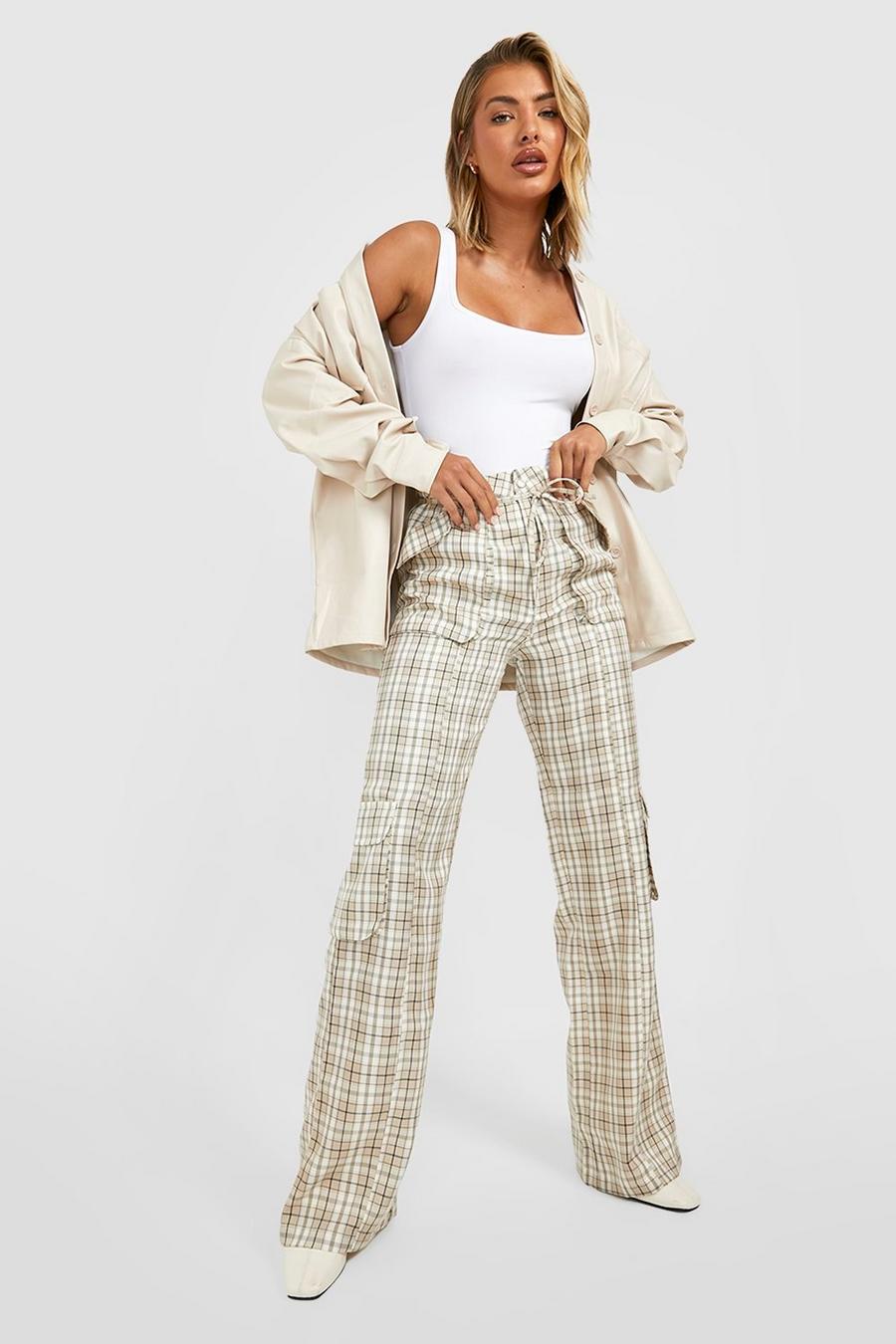 Beige Tartan High Waisted Cargo Trousers image number 1
