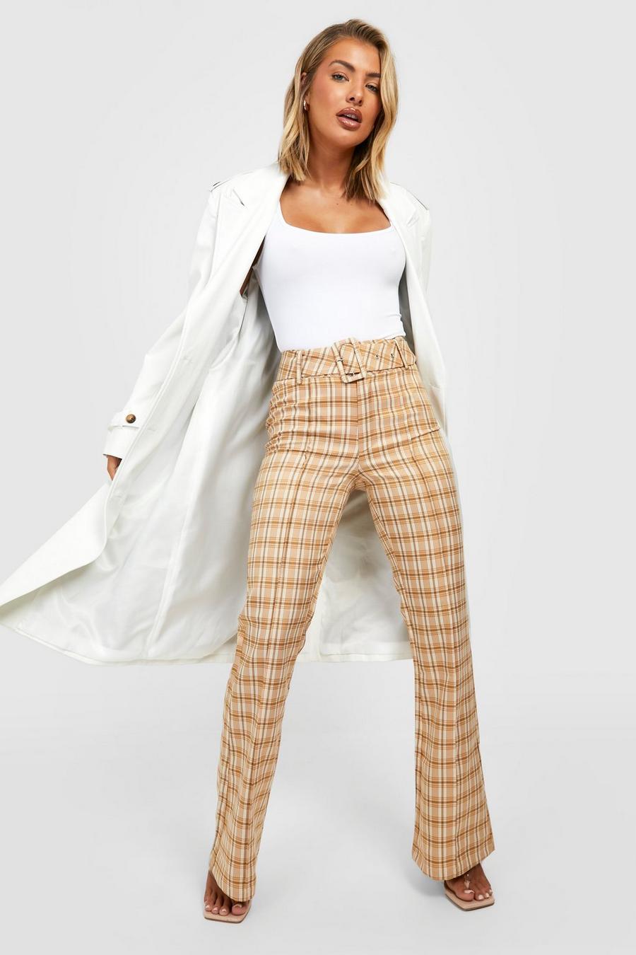 Beige Tartan Belted Flared Trousers image number 1