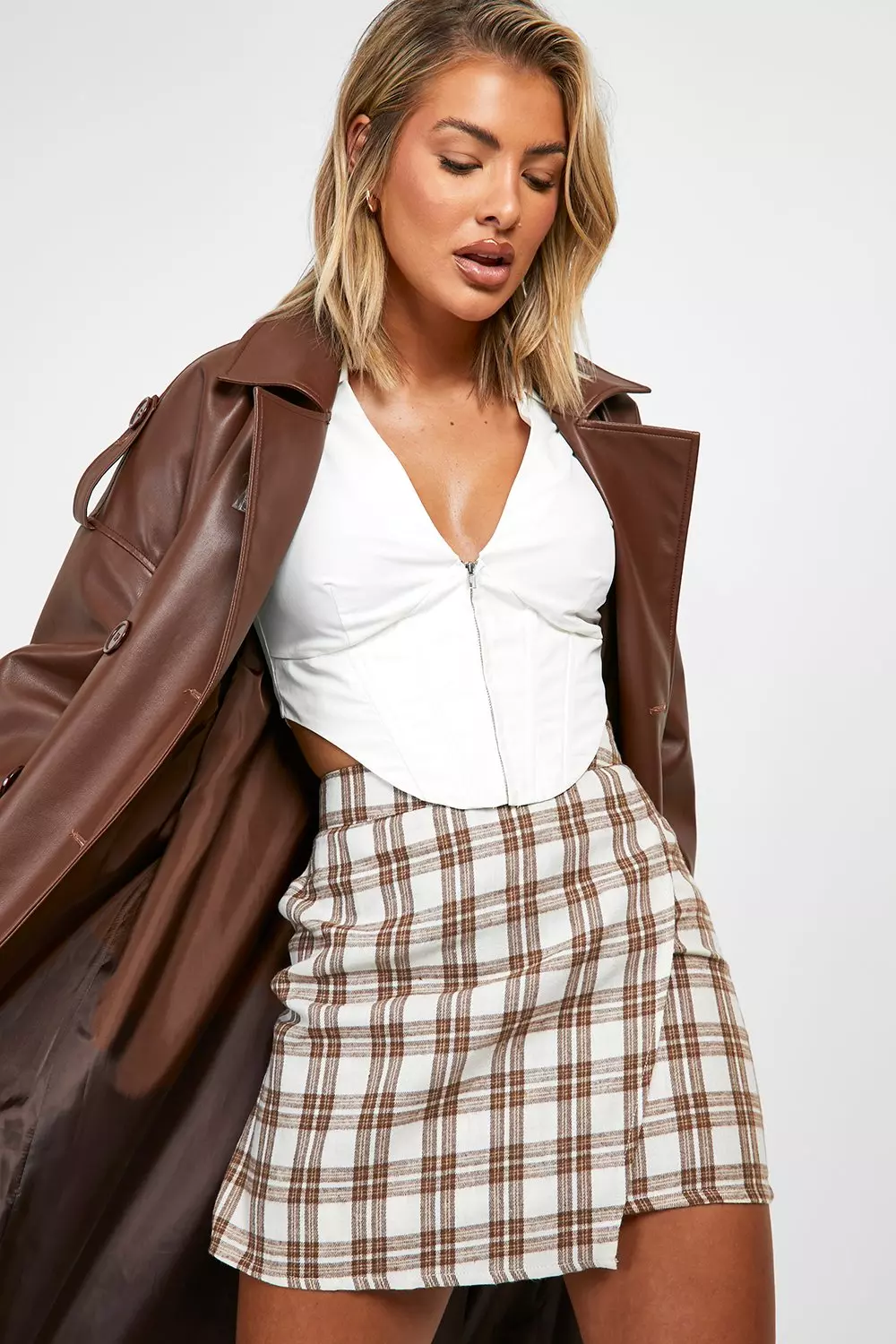 Brown check wrap top mini skirt