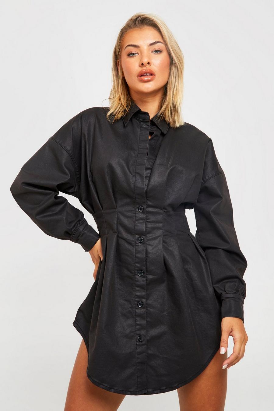 PU-beschichtetes Denim-Hemdkleid mit geraffter Taille, Black image number 1