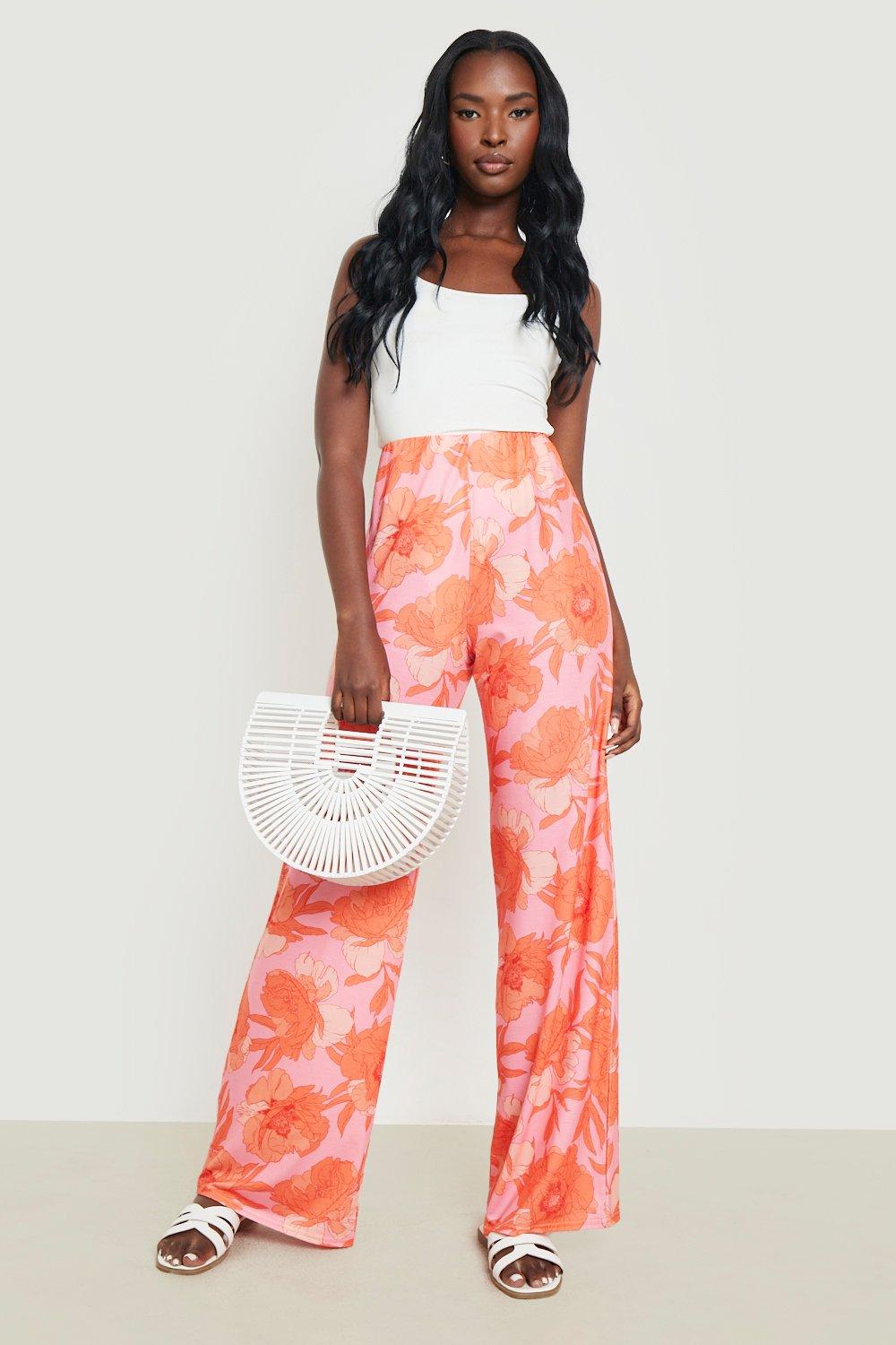 Orange Floral Wide Leg Trousers, Womens Trousers