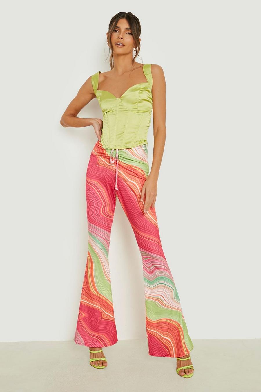 Pink Marble Print Ruched Front Flared Pants image number 1