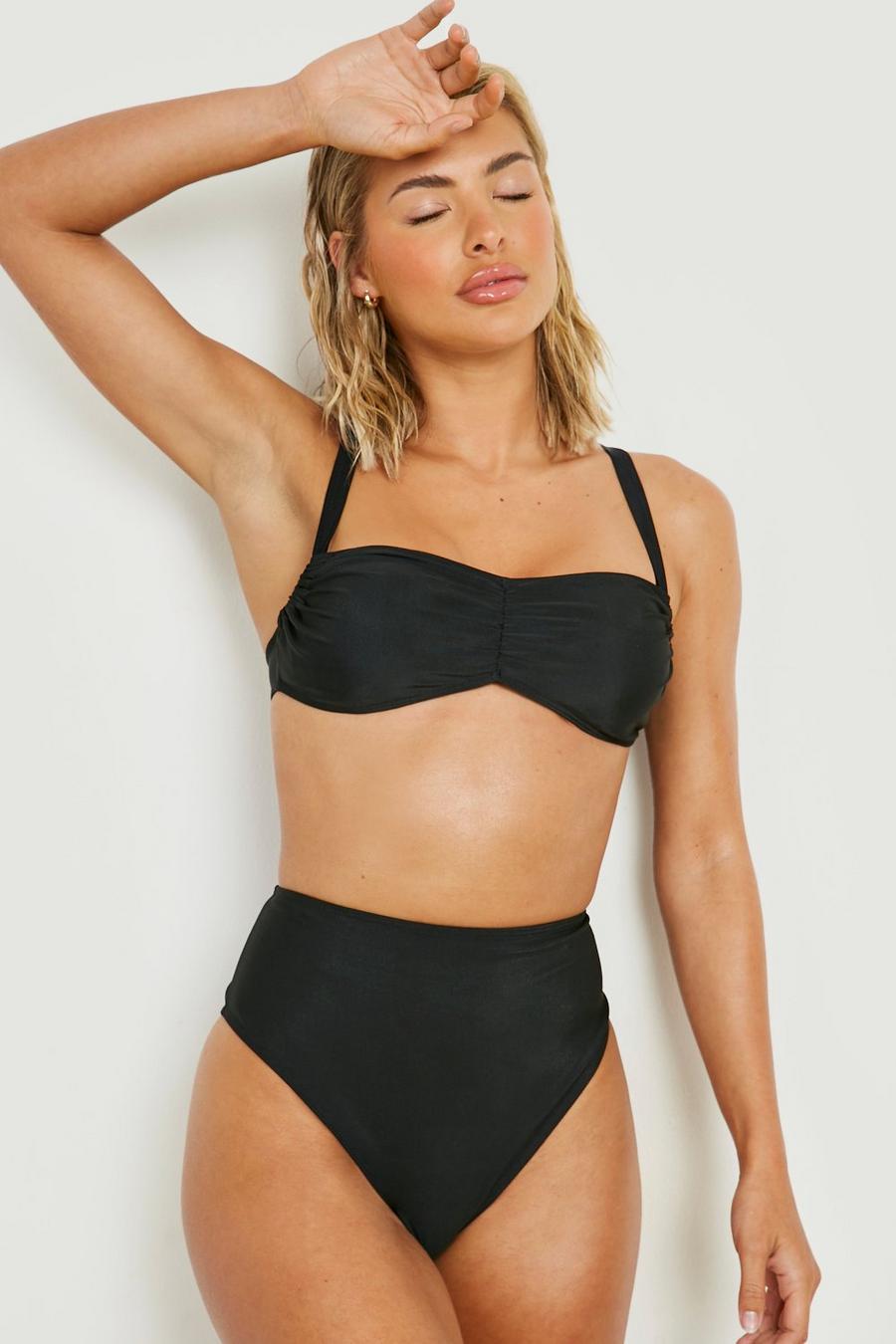 Black Padded Ruched Front High Waist Bikini Set image number 1