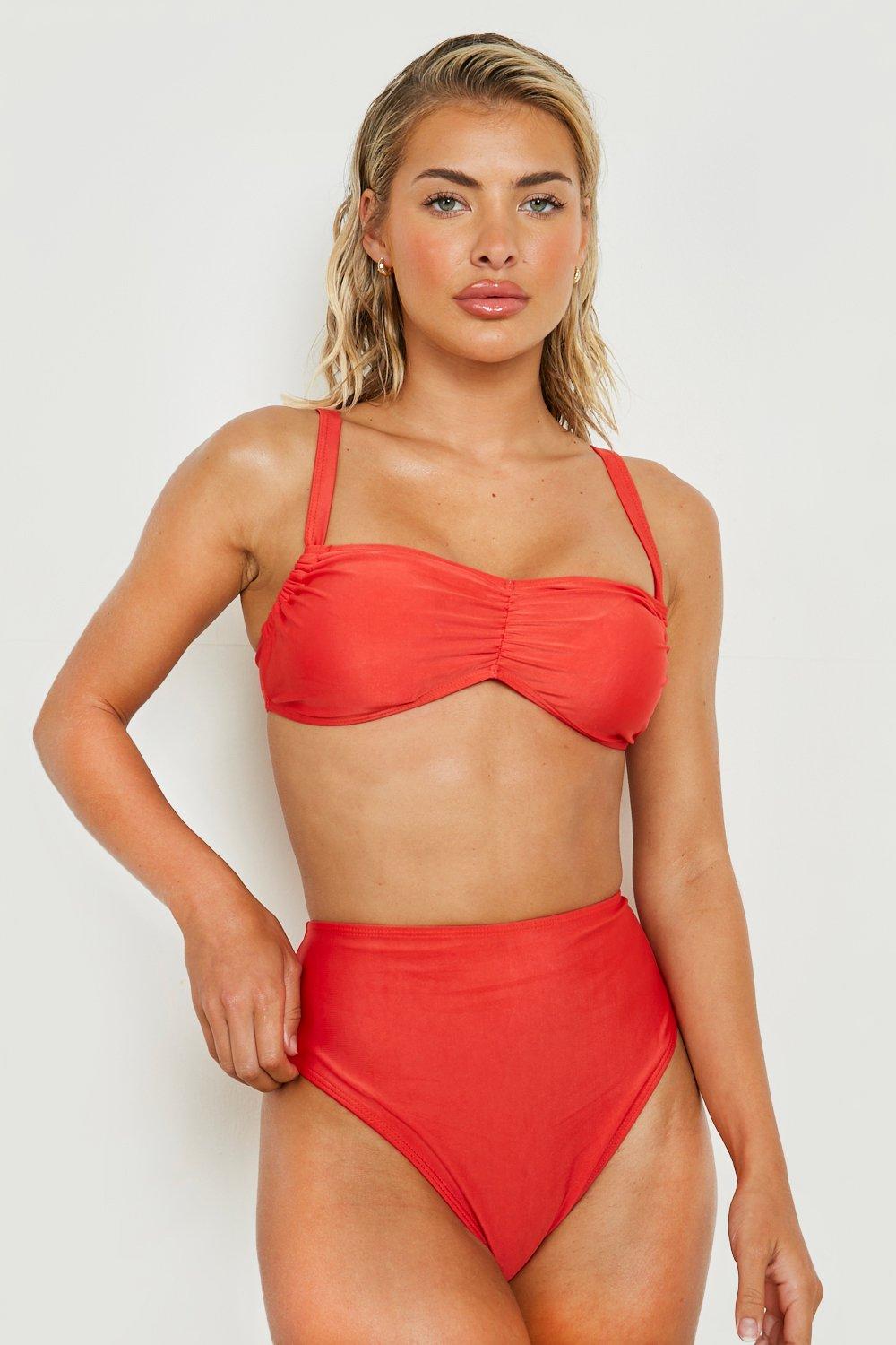 boohoo Padded Ruched Front High Waist Bikini Set Red Size 4