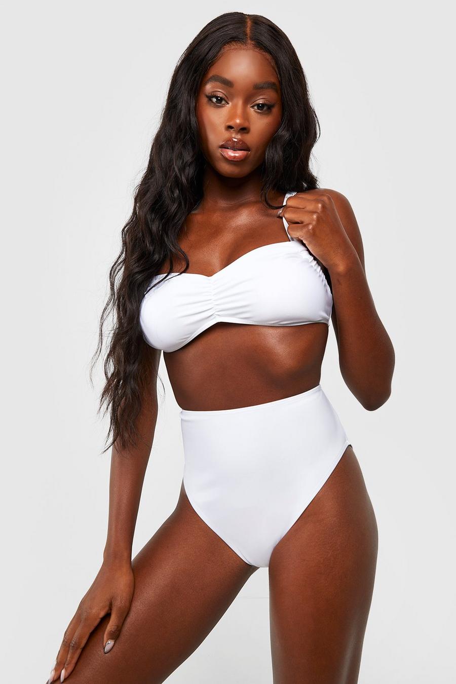 White Gewatteerde Geplooide High Waist Bikini Set image number 1