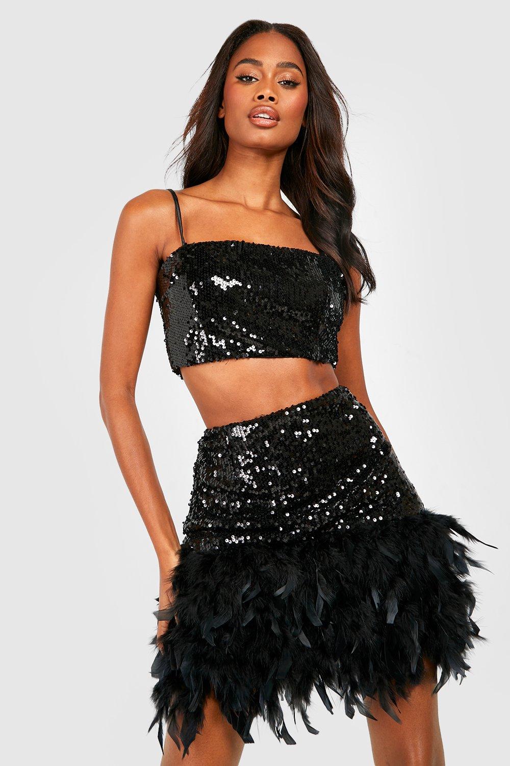 Sequin Square Neck Cami Top & Feather Hem Sequin Mini Skirt